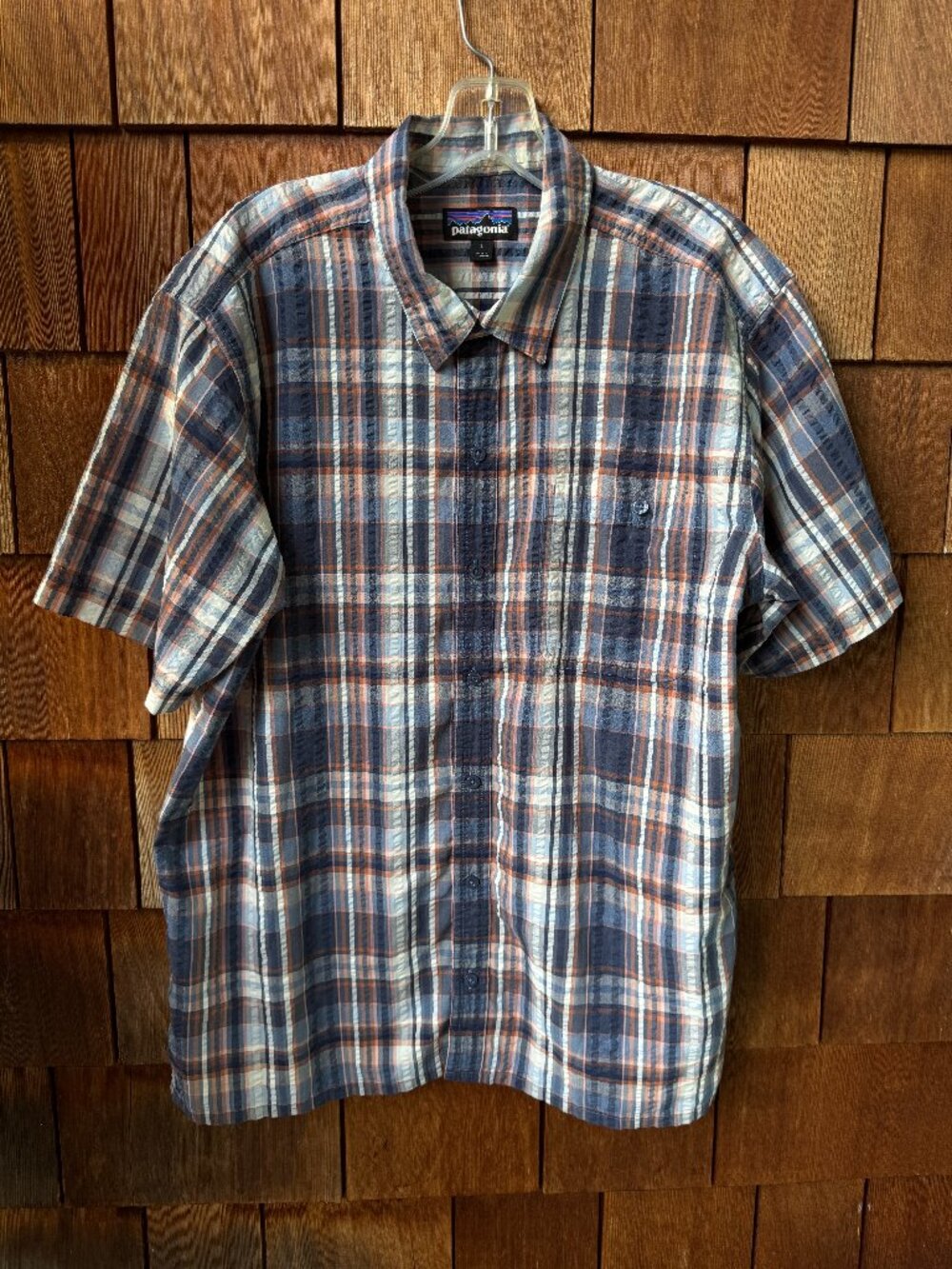 Patagonia Puckerware Blue Plaid Button Front Short Sleeve Shirt in Mens Large